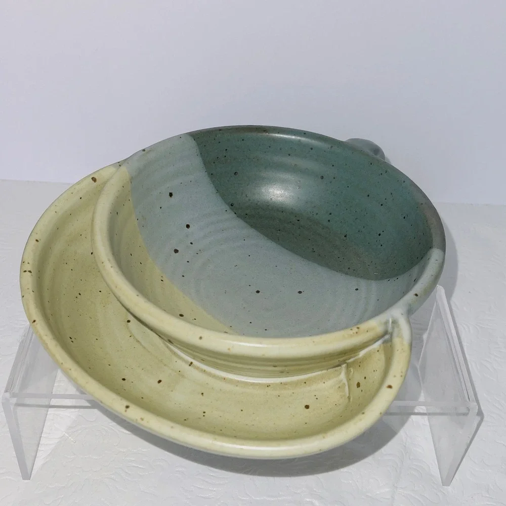 Studio Pottery Soup & Crackers Bowl Integrated Saucer Tray Speckled Blue Green